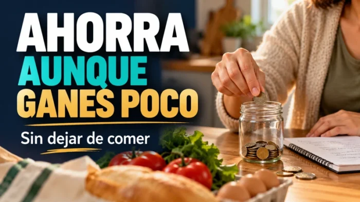 Cómo ahorrar aunque ganes poco, sin dejar de comer 23 Persona separa unas monedas junto a alimentos y una libreta para organizar un ahorro pequeño