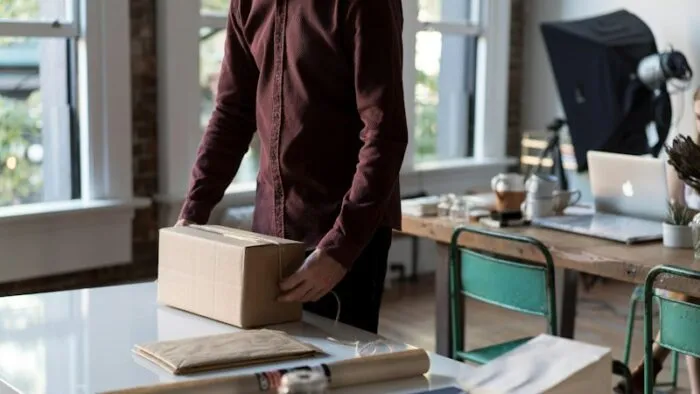 ¿Cuánto ganas realmente por cada venta en un marketplace? Guía con ejemplo 2 Persona preparando una caja para enviar un pedido de una tienda en línea
