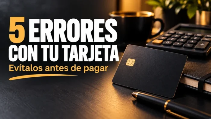 Tarjeta de crédito junto a una libreta con el texto cinco errores con tu tarjeta