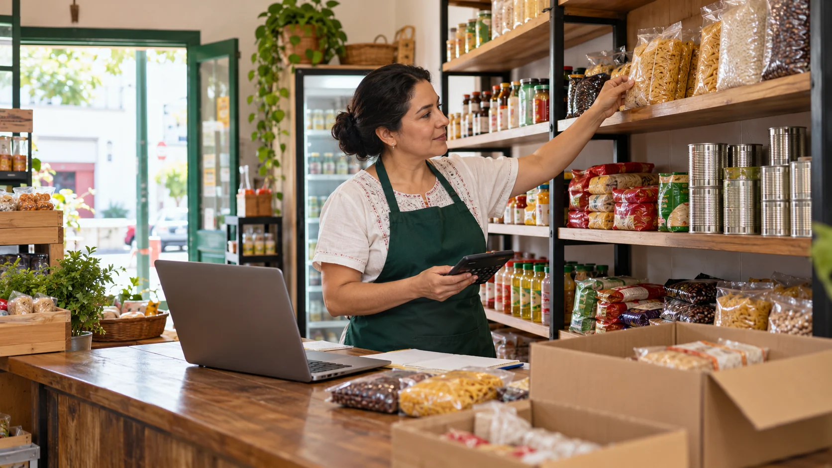 Mi negocio en números: controla inventario, ventas y ganancias gratis 3 Dueña de una tienda revisa productos y calcula el valor de su inventario