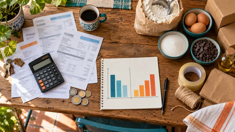 Mesa de trabajo con calculadora, facturas e insumos para distinguir costos fijos y variables