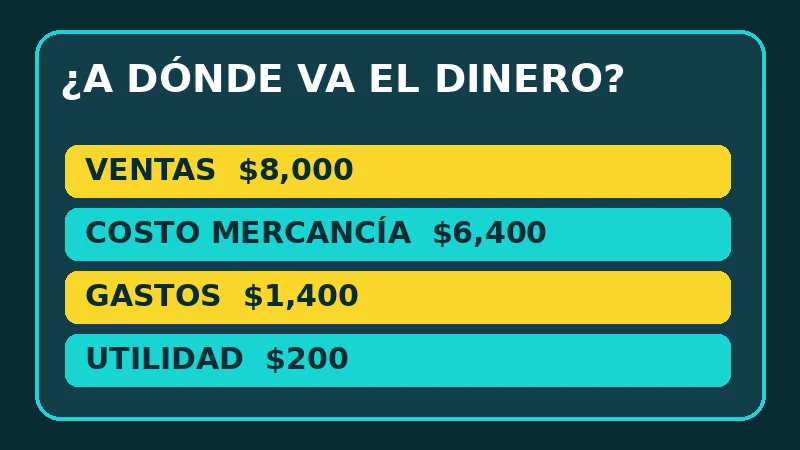 Ejemplo visual de ventas, costos y utilidad en una tienda de conveniencia