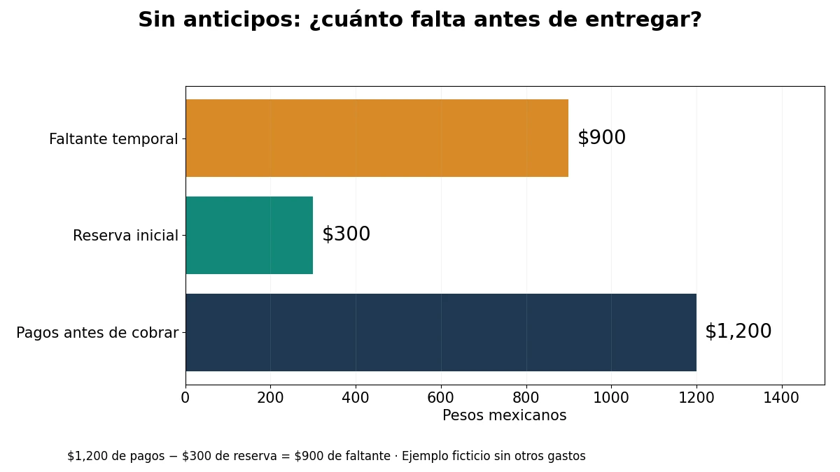 Ejemplo ficticio sin anticipos: pagos previos de 1200 pesos menos reserva de 300 dejan faltante de 900 pesos
