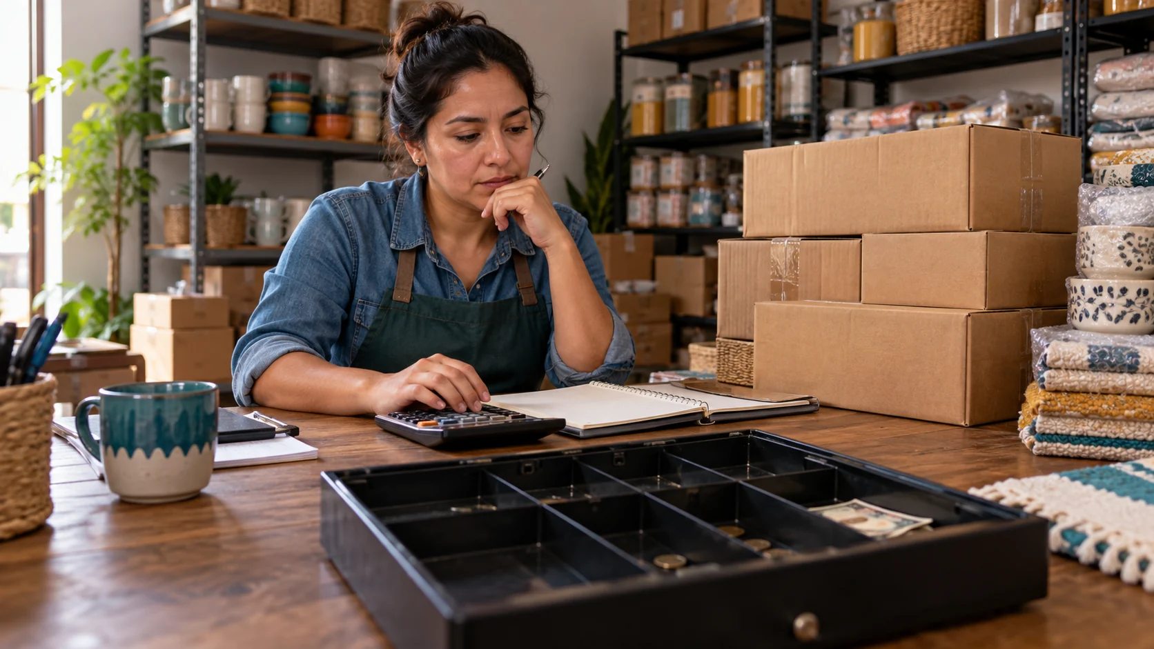 Mi negocio en números: controla inventario, ventas y ganancias gratis 4 Emprendedora compara el efectivo disponible con mercancía almacenada en su negocio