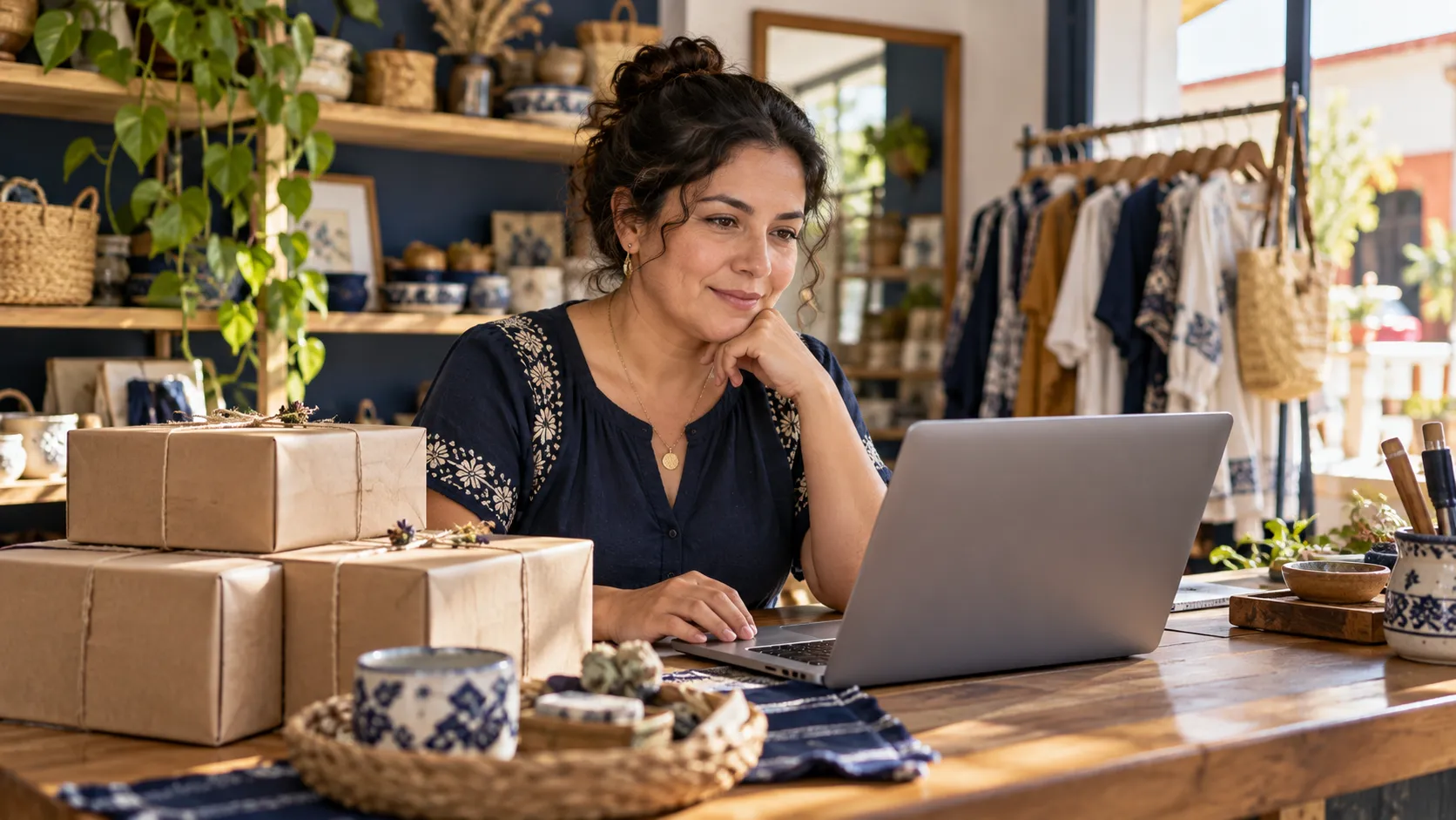 Comerciante trabajando en su catálogo y atención a clientes con apoyo de IA