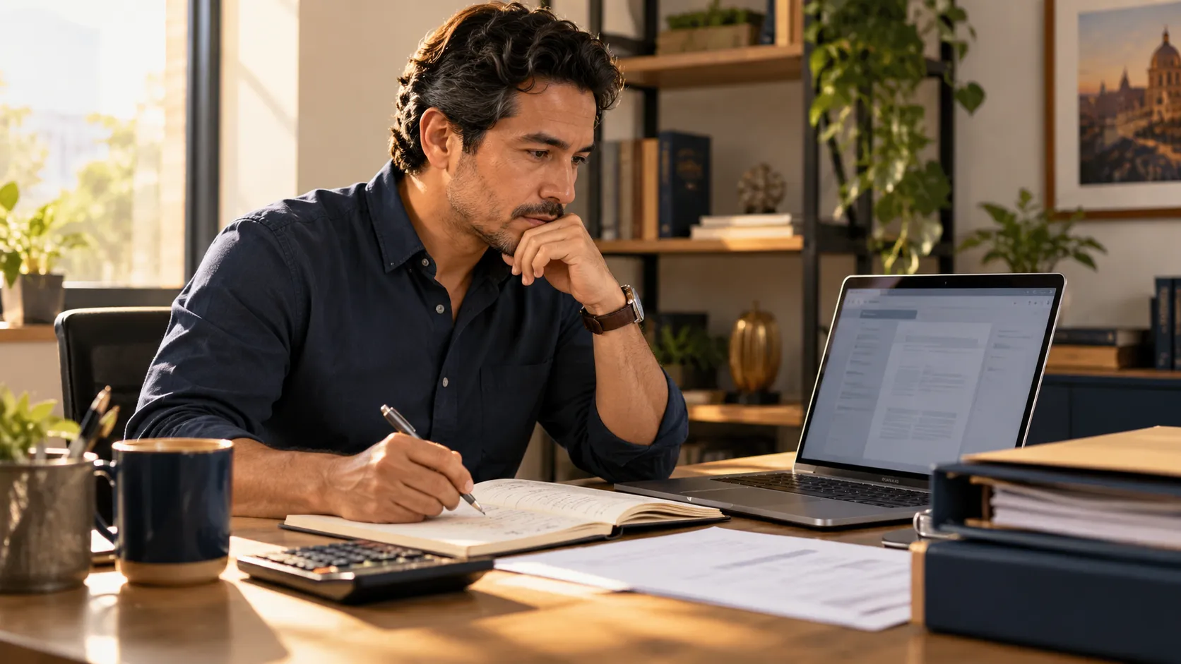 Profesional revisando notas y documentos para organizar su negocio con apoyo de IA