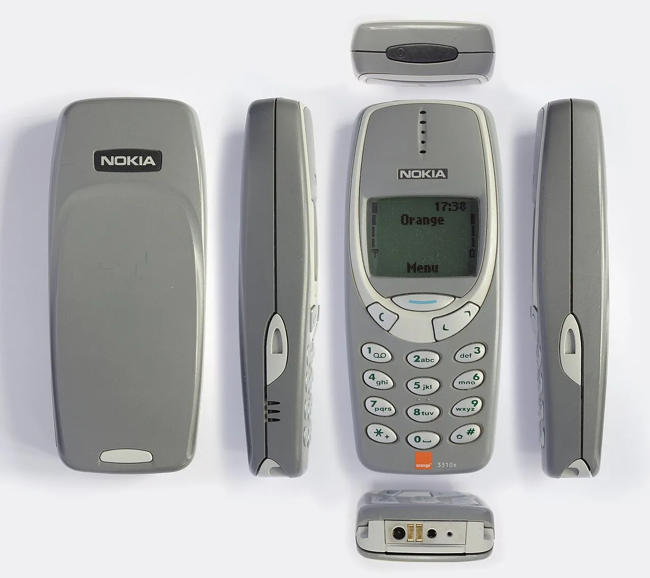 Nokia 3310 gris visto de frente, lado y atrás